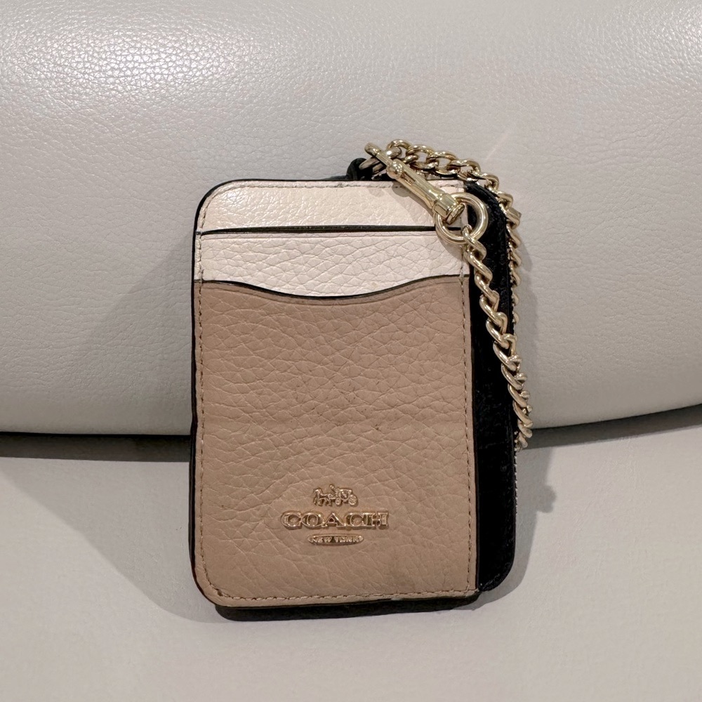 Coach Beige and Black Card Holder with Gold Chain